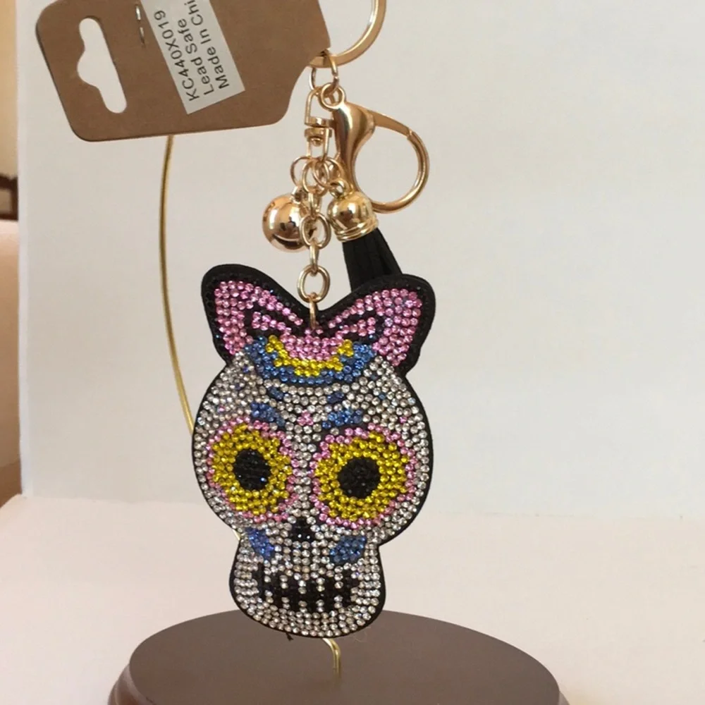 Halloween! Shiny Whimsical Girl Rhinestone Skull Keychain NWT